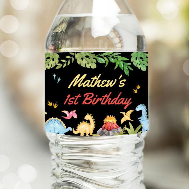 Cute Dinosaur Boy First Birthday Party Water Bottle Label (Creator Uploaded)
