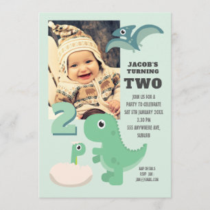 Cute Dinosaur Boys 2nd Birthday Photo Invitation