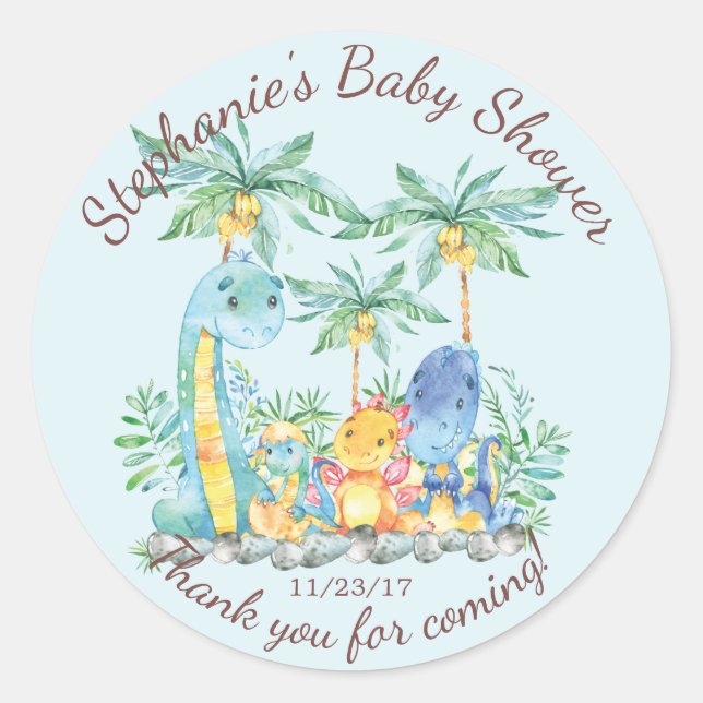 Cute Dinosaur Boys Baby Shower Favour Sticker (Front)