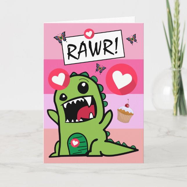 Cute Dinosaur Butterfly Dino Mite Girls Birthday Card (Front)