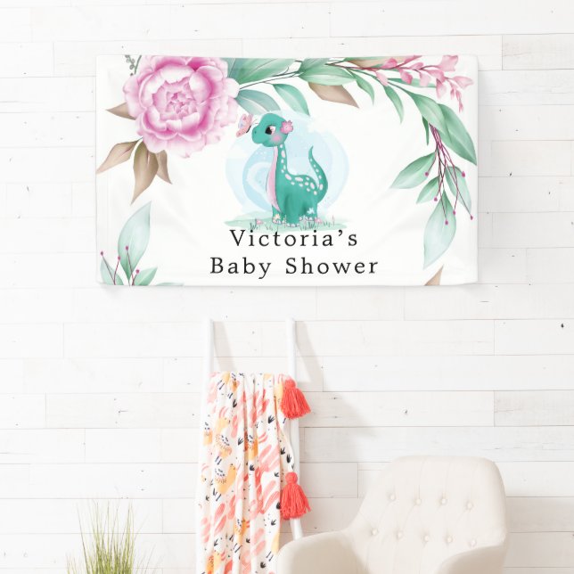 Cute Dinosaur Butterfly Pink Peony Baby Shower  Banner (Insitu)