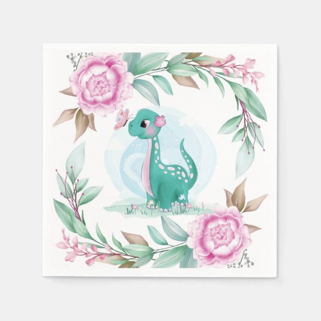 Cute Dinosaur Butterfly Pink Peony Baby Shower Napkin (Front)
