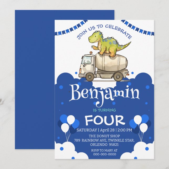 Cute dinosaur cement truck Balloon School Birthday (Front/Back)