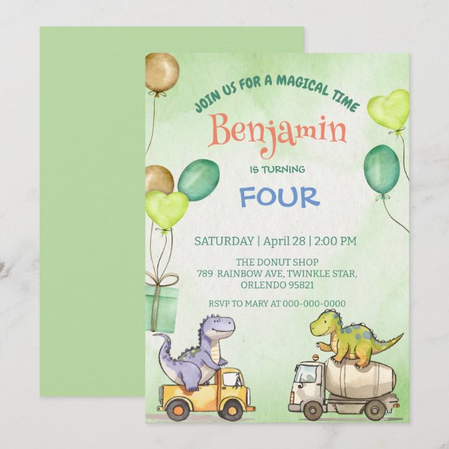 Cute dinosaur cement truck Rainbow School Birthday Invitation (Front/Back)
