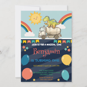 Cute dinosaur cement truck Rainbow School Birthday Invitation