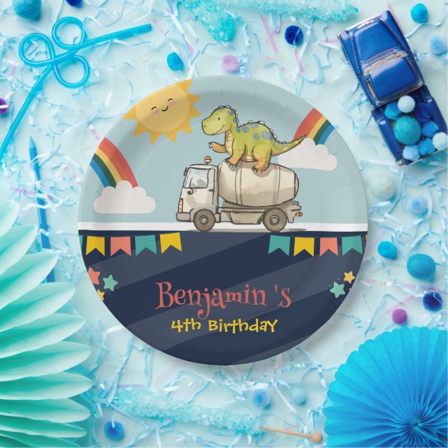 Cute dinosaur cement truck Rainbow School Birthday Paper Plate (Party)