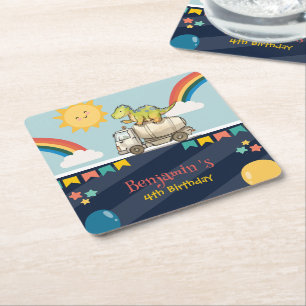 Cute dinosaur cement truck Rainbow School Birthday Square Paper Coaster