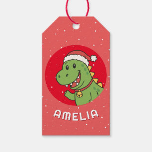 Cute Dinosaur Christmas Kid`s Name Gift Tags