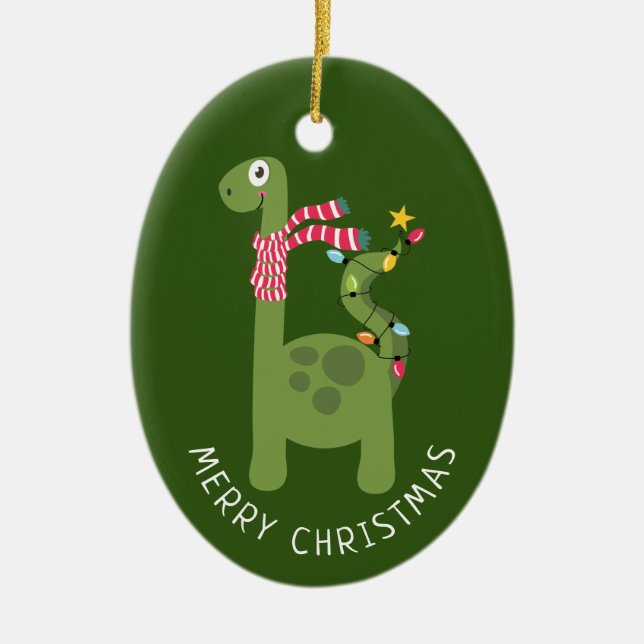 Cute Dinosaur Christmas Photo Ceramic Tree Decoration (Front)