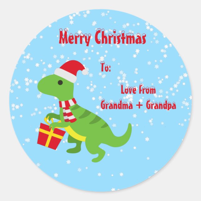 Cute Dinosaur Christmas TRex Blue Kids Classic Round Sticker (Front)