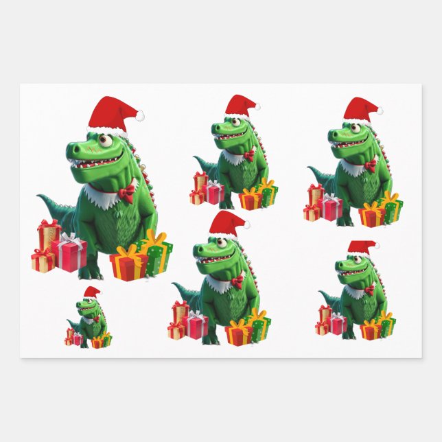 Cute Dinosaur Christmas Wrapping Paper Sheet (Front)