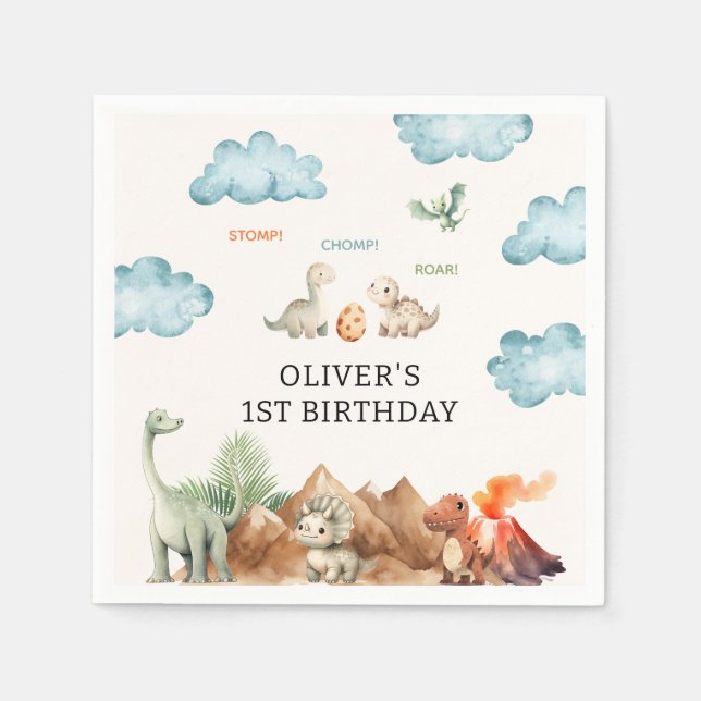 Cute Dinosaur | Clouds Kids Birthday Party Napkin (Front)