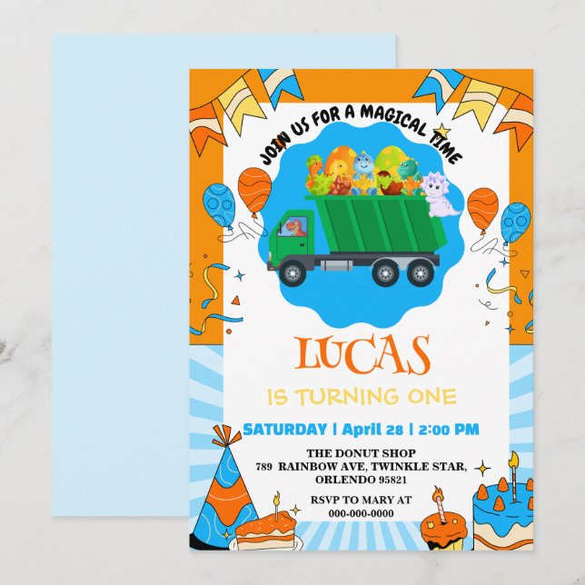 Cute Dinosaur colourful garbage truck birthday boy Invitation (Front/Back)