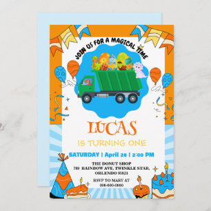 Cute Dinosaur colourful garbage truck birthday boy Invitation
