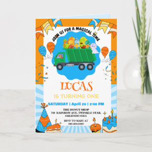 Cute Dinosaur colourful garbage truck birthday boy Invitation