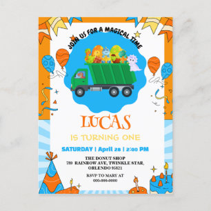 Cute Dinosaur colourful garbage truck birthday boy Invitation Postcard