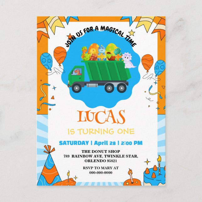 Cute Dinosaur colourful garbage truck birthday boy Invitation Postcard (Front)