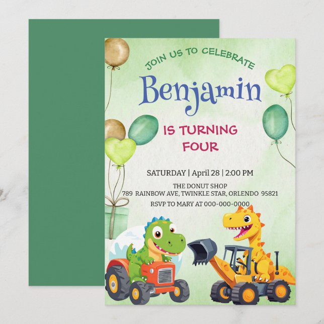 Cute dinosaur construction truck balloon Birthday  (Front/Back)