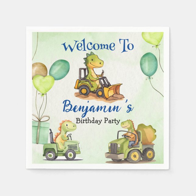 Cute dinosaur construction truck balloon Birthday  Napkin (Front)