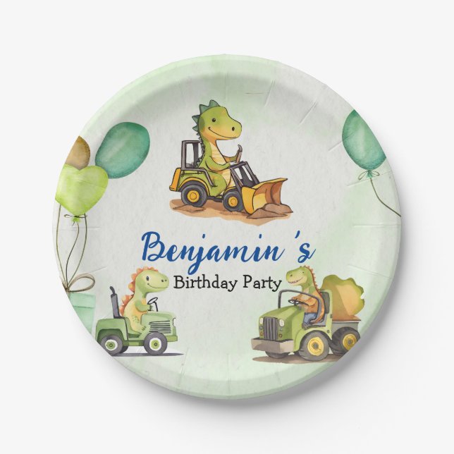 Cute dinosaur construction truck balloon Birthday  Paper Plate (Front)