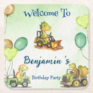 Cute dinosaur construction truck balloon Birthday  Square Paper Coaster