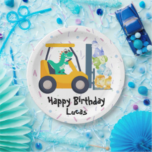 Cute dinosaur Construction Truck boy B2S Birthday  Paper Plate