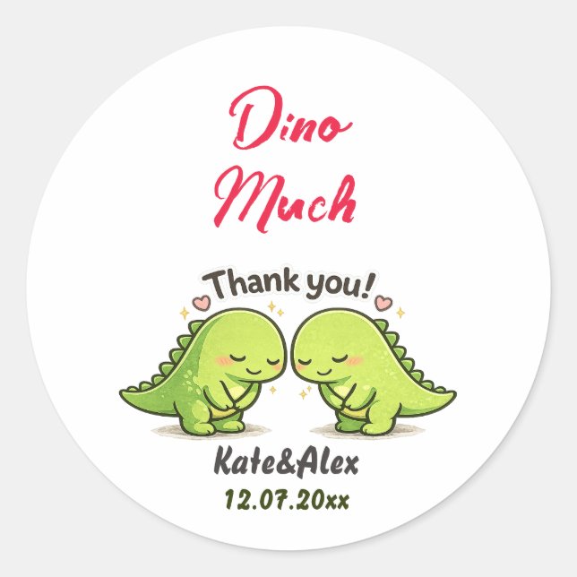 Cute Dinosaur Couple Wedding Thank You Classic Round Sticker (Front)