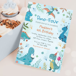 Cute Dinosaur Dino Four 4th Birthday Party Invitation