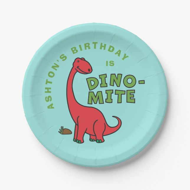 Cute Dinosaur Dino-Mite customised birthday design Paper Plate (Front)