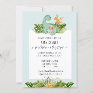 Cute Dinosaur Dino Mummy Foliage Baby Boy Shower Invitation