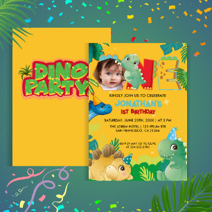 Cute Dinosaur Dino Party First Birthday Colourful  Invitation