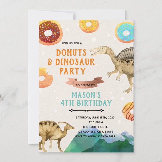 Cute dinosaur doughnut boy party invitation (Front)