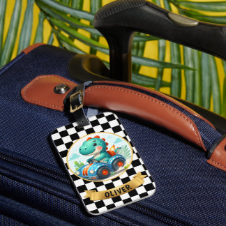 Cute Dinosaur Driving a Race Car Luggage Tag