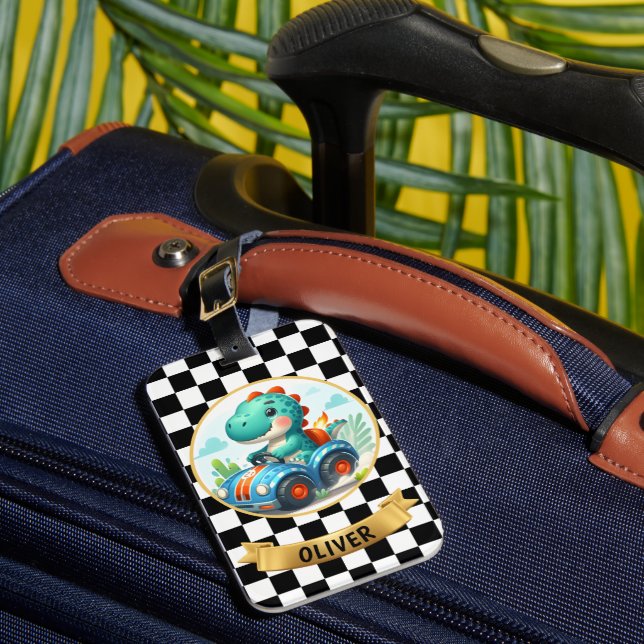 Cute Dinosaur Driving a Race Car Luggage Tag (Front Insitu 1)