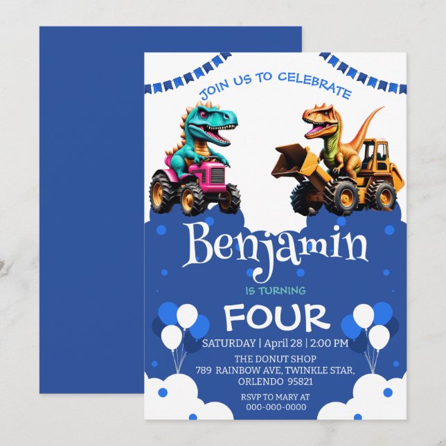 Cute dinosaur Excavator tractor balloon Birthday  (Front/Back)