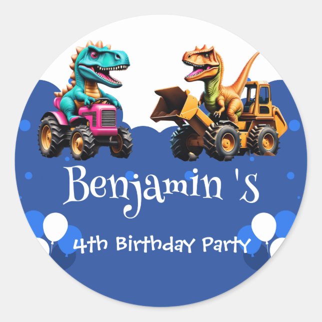 Cute dinosaur Excavator tractor balloon Birthday  Classic Round Sticker (Front)