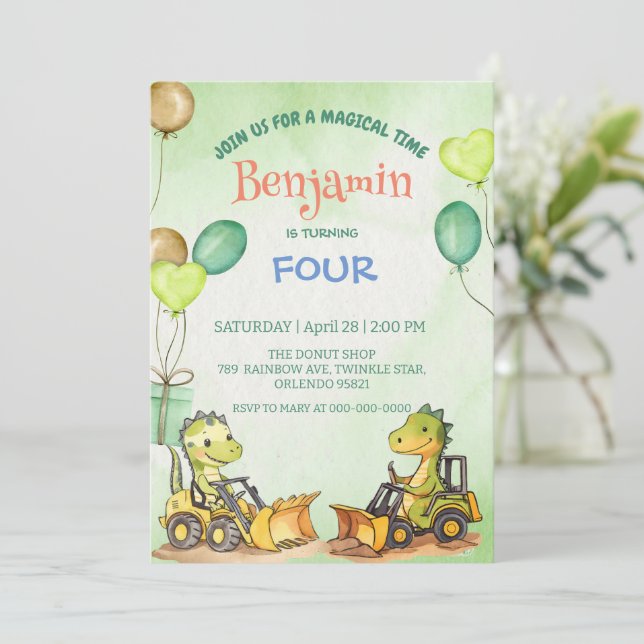 Cute dinosaur Excavator tractor balloon Birthday Invitation (Standing Front)