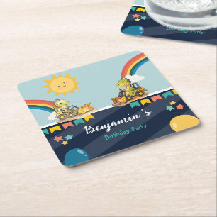 Cute dinosaur Excavator tractor rainbow Birthday Square Paper Coaster
