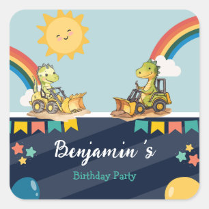 Cute dinosaur Excavator tractor rainbow Birthday Square Sticker