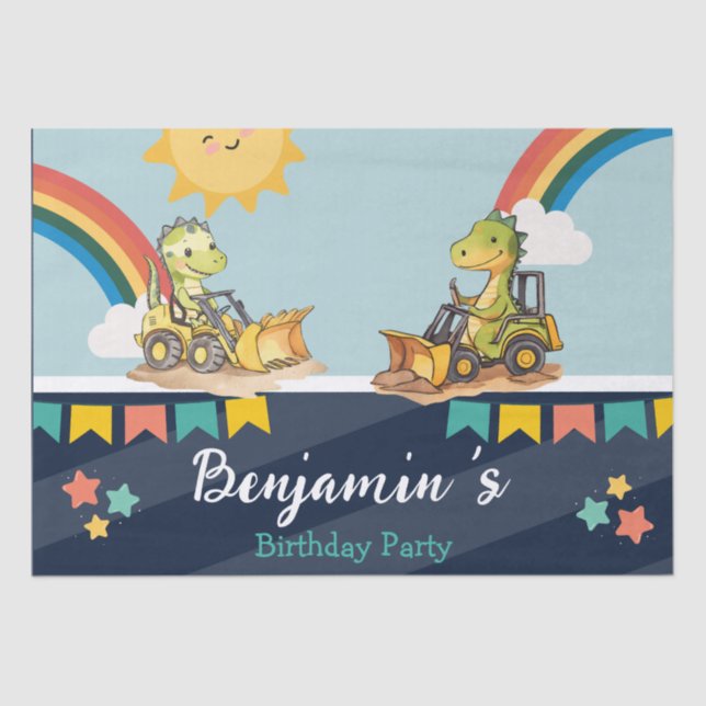 Cute dinosaur Excavator tractor rainbow Birthday  Tissue Paper (Front)