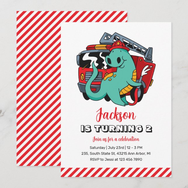 Cute Dinosaur Firefighter Kids Dino Birthday Invitation (Front/Back)
