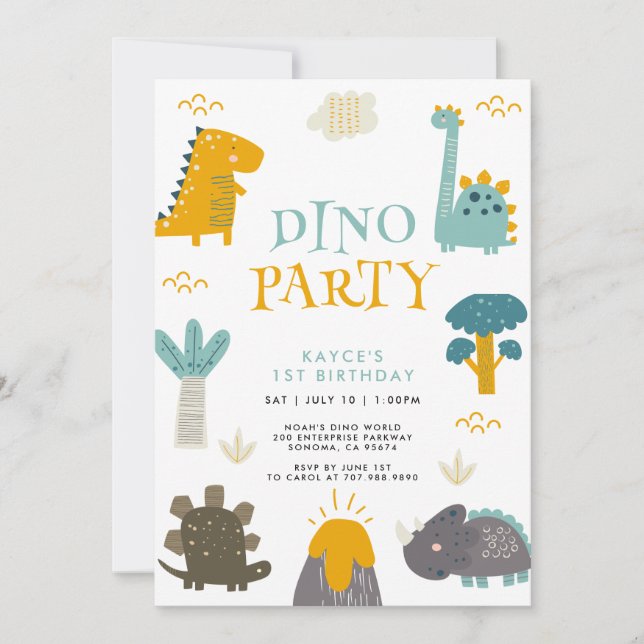 Cute Dinosaur First Birthday Party Invitation (Front)