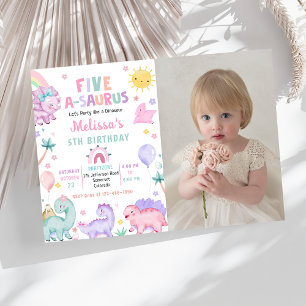 Cute Dinosaur Five-A-Saurus 5th Birthday Photo Invitation