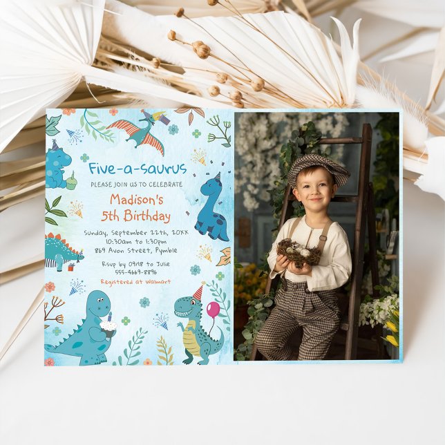 Cute Dinosaur Five-A-Saurus 5th Birthday Photo Invitation (Creator Uploaded)