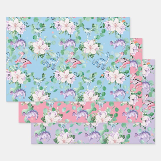 Cute dinosaur floral illustration kids party wrapping paper sheet (Set)