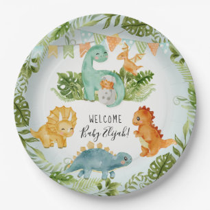 Cute Dinosaur Foliage Watercolor Baby Boy Shower Paper Plate
