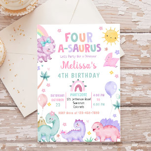 Cute Dinosaur Four-A-Saurus 4th Birthday Party Invitation