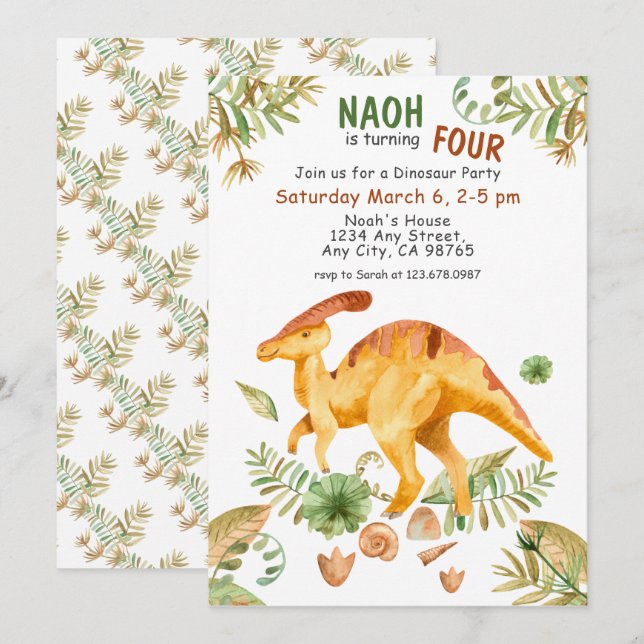 Cute Dinosaur Fourth Birthday Party Invitation (Front/Back)