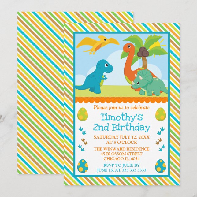 Cute Dinosaur Friends Kids Birthday Invitation (Front/Back)