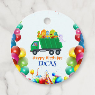 Cute Dinosaur garbage truck balloon birthday boy Favour Tags